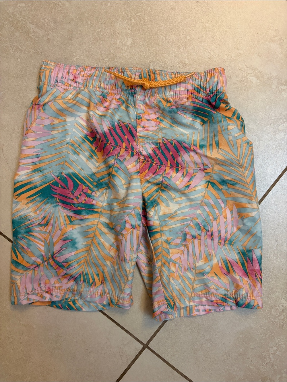 Old Navy Tropical Leaf Print Boys Swim Shorts - Teal, Pink, Yellow